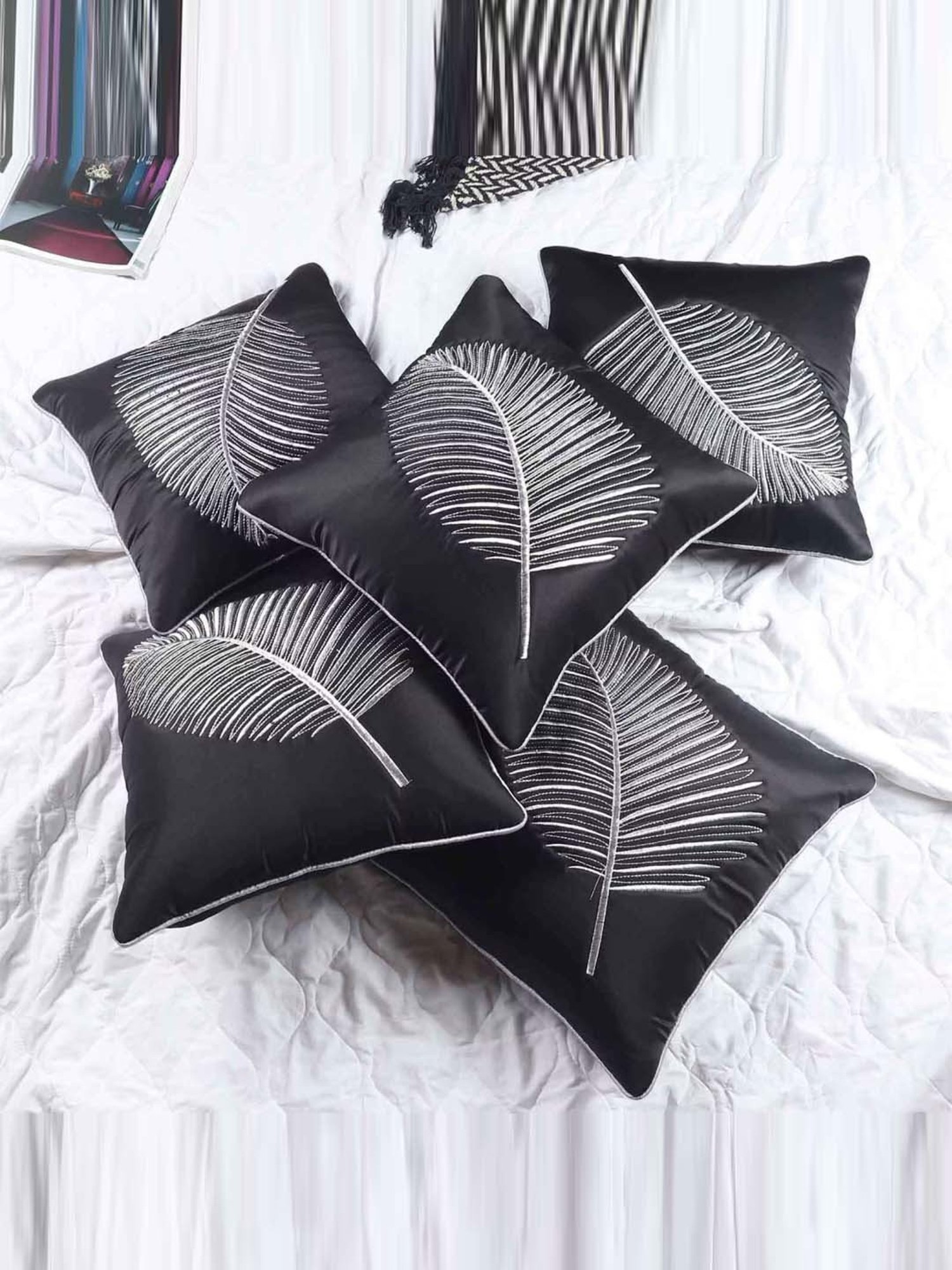 MFD HOME Furnishing Black Satin Cushion Cover - Set of 5