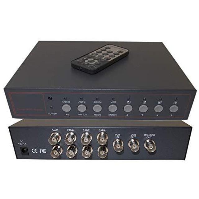 Evertech 8 Channel Analog CCTV Quad Processor Video Screen Switch Security Camera Splitter with Remote Control and Adapter