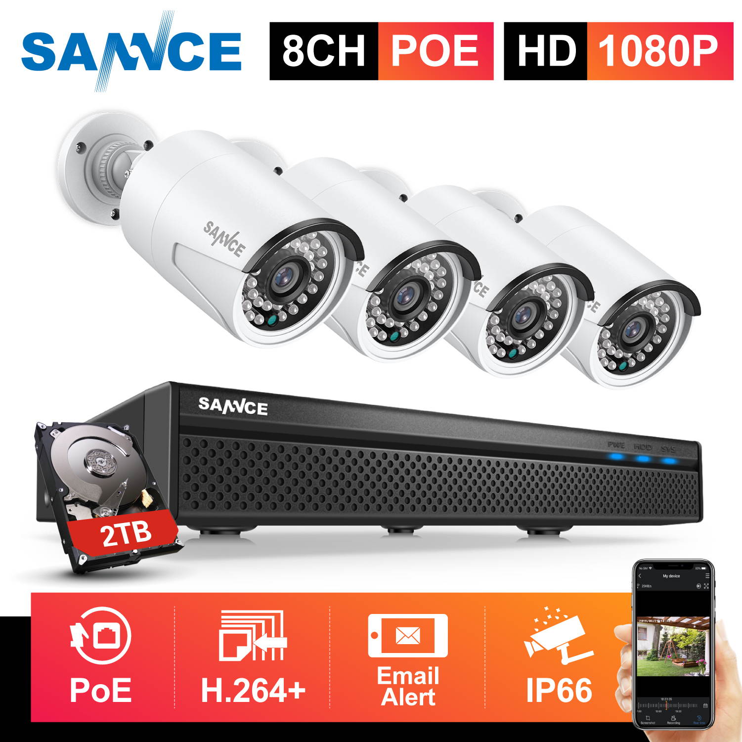 SANNCE 8CH 1080P PoE Network Video Security System with 2TB