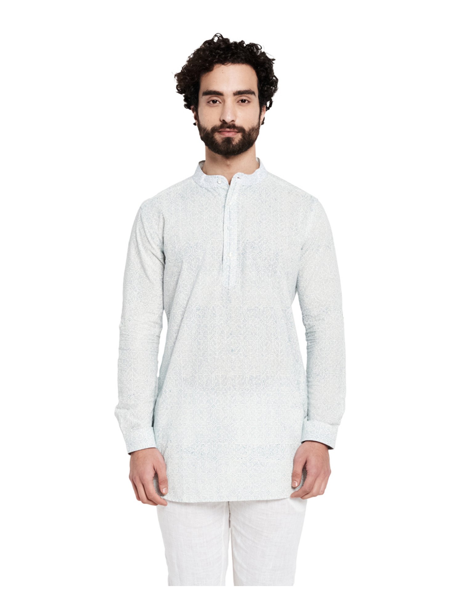 Fabindia White Cotton Printed Slim Fit Kurta