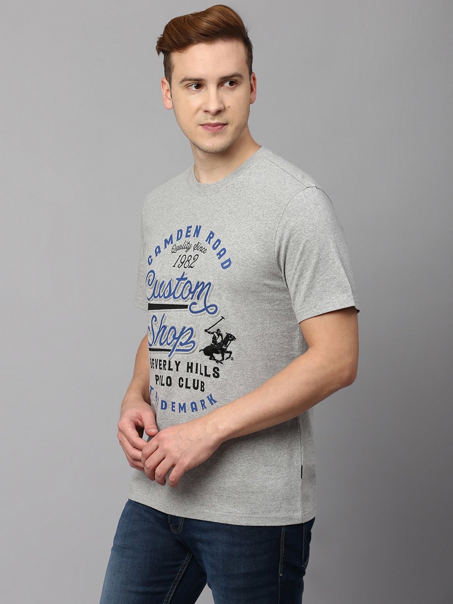 Beverly Hills Polo Club Grey Melange Regular Fit Cotton Crew T-Shirt