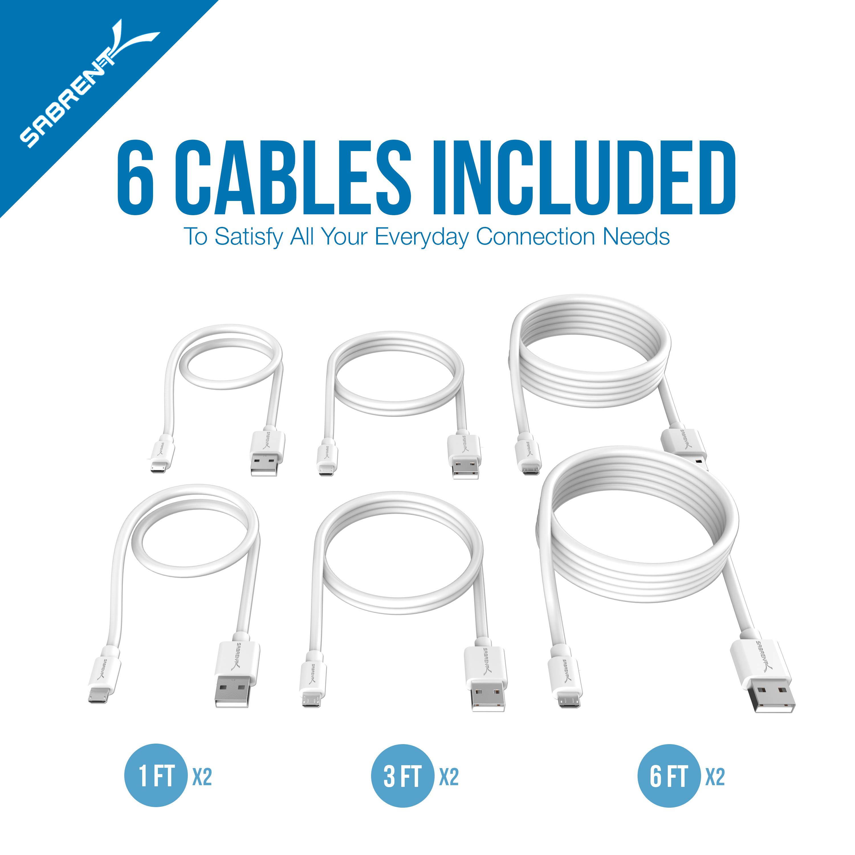 Sabrent 6-pack 22 AWG Premium 3ft Micro USB Cables High Speed USB 2.0 - White (CB-M63W)