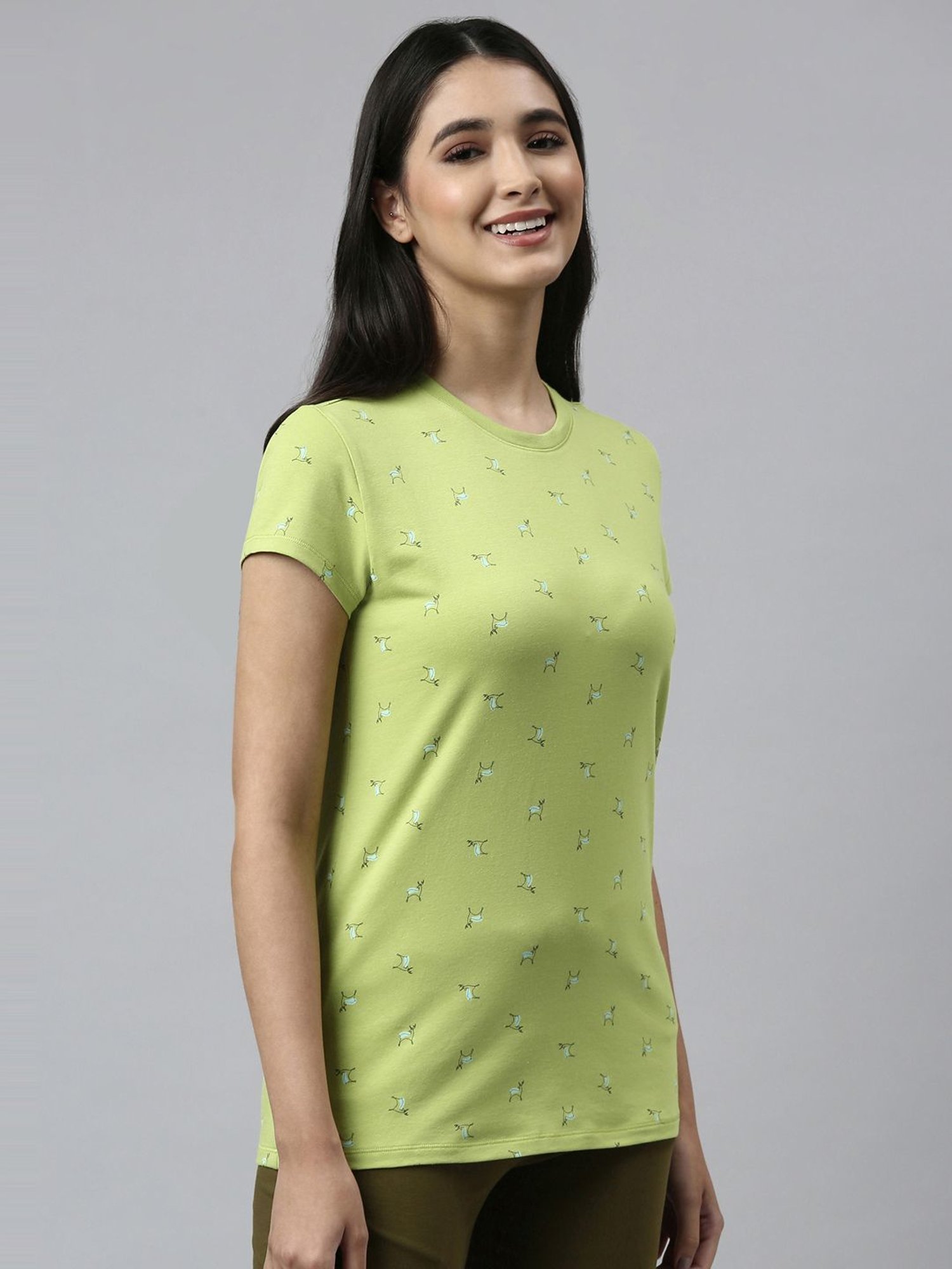Enamor Green Cotton Printed T-Shirt