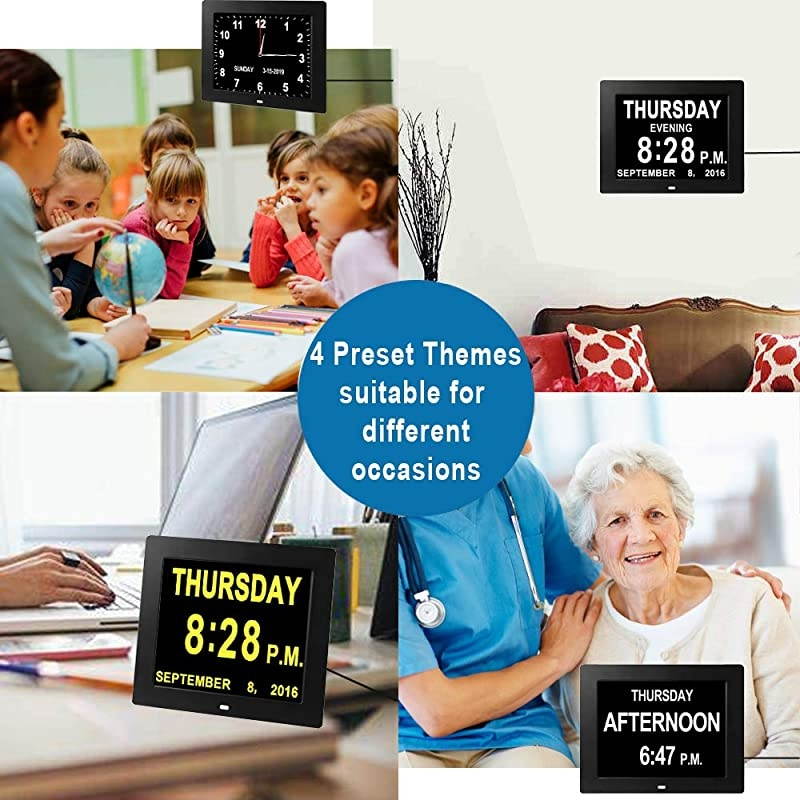 Calendar Alarm Day Clock 16 Alarm Reminders Options 8 Large Screen Display AMPM Function for Impaired Vision Aged Seniors Dementia Desk Wall Mounted