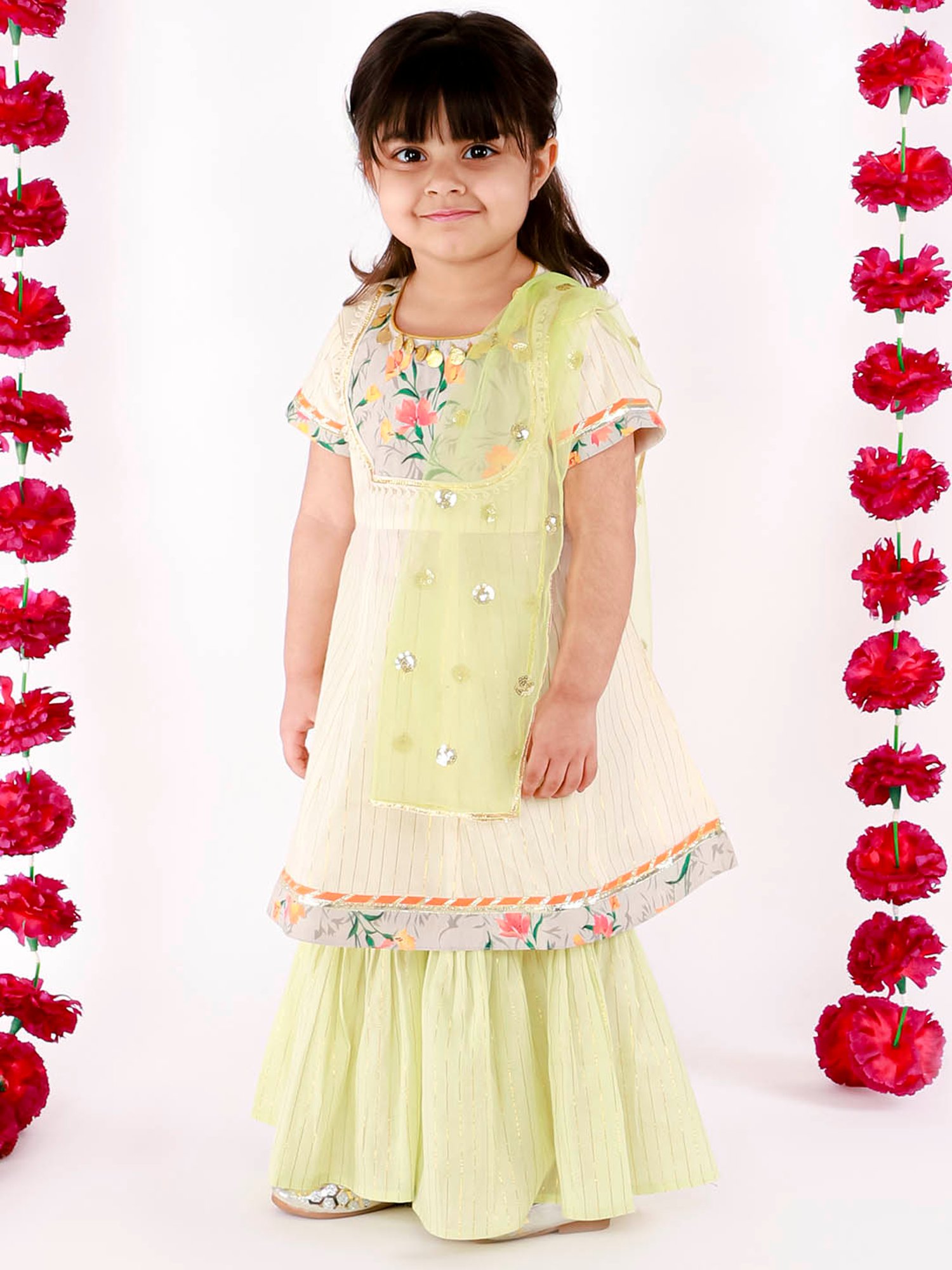 Little Bansi Kids Green Striped Kurta, Sharara with Dupatta