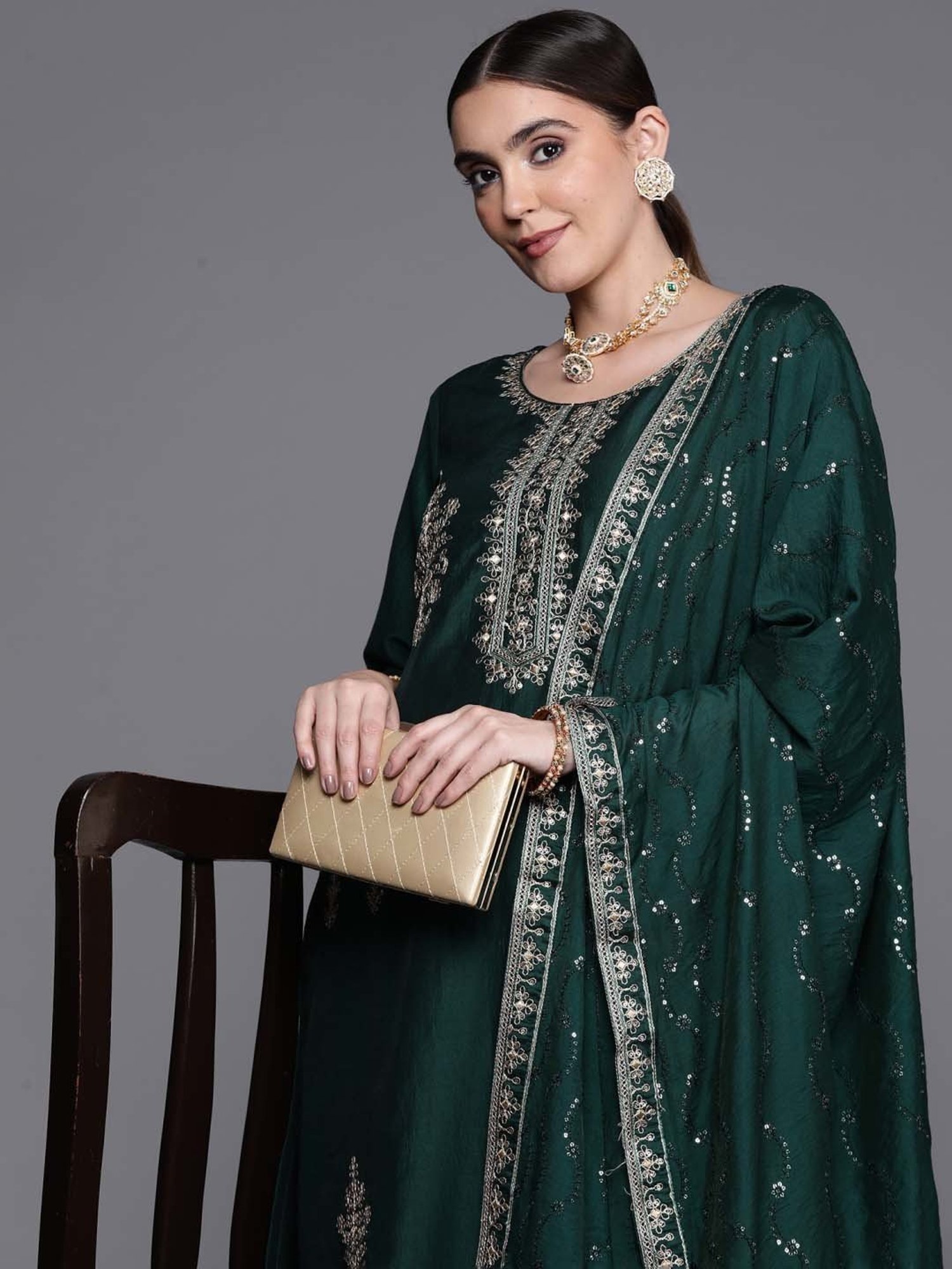 Indo Era Green Embroidered Kurta Pant Set With Dupatta