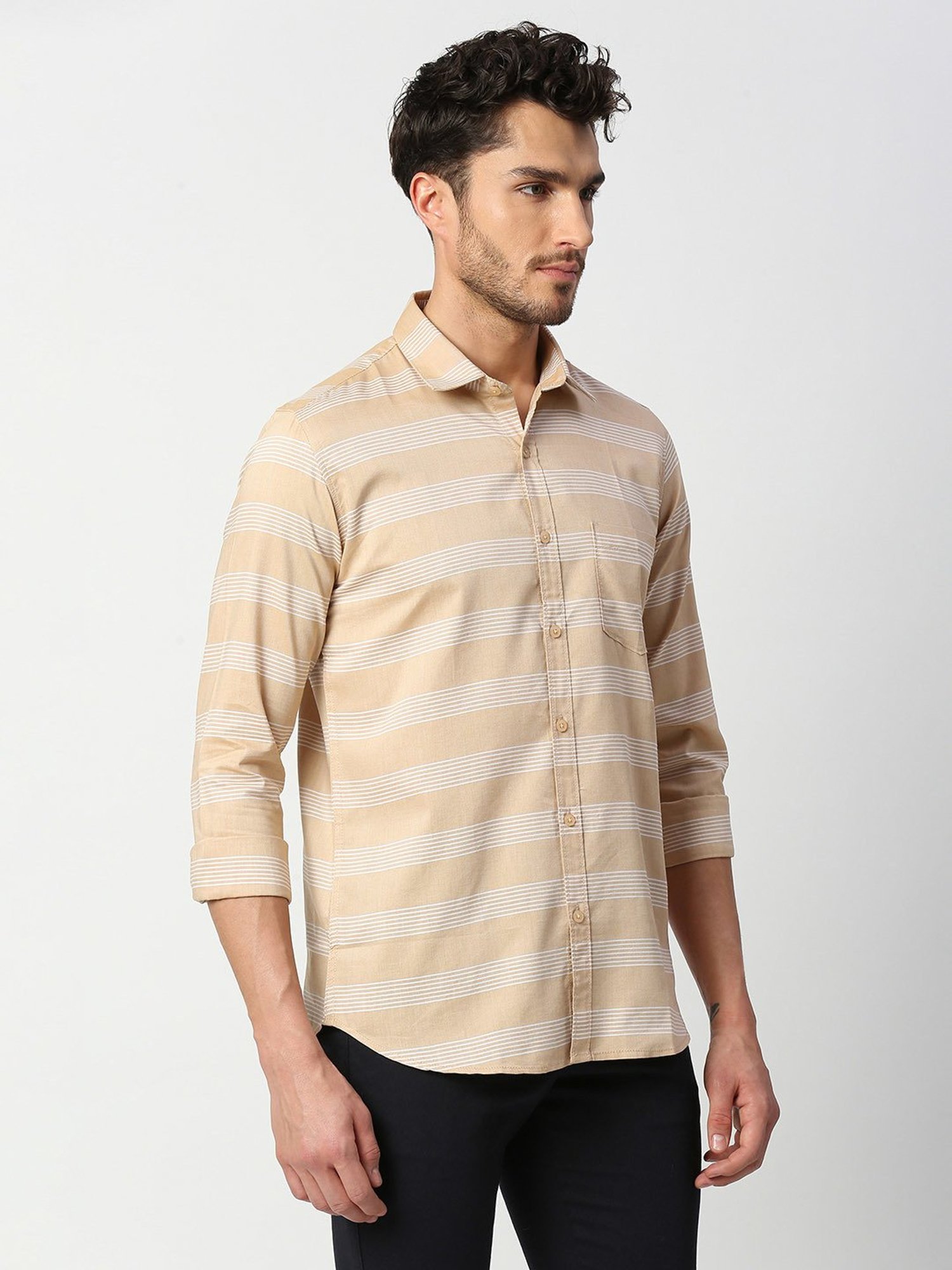 SOLEMIO Beige Slim Fit Striped Shirt