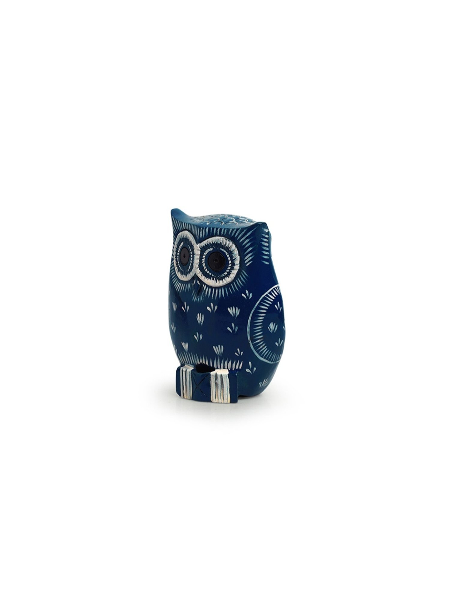 ExclusiveLane Hand-painted Navy Blue & Off-White Eucalyptus Wood The Enlightened Owl Showpiece