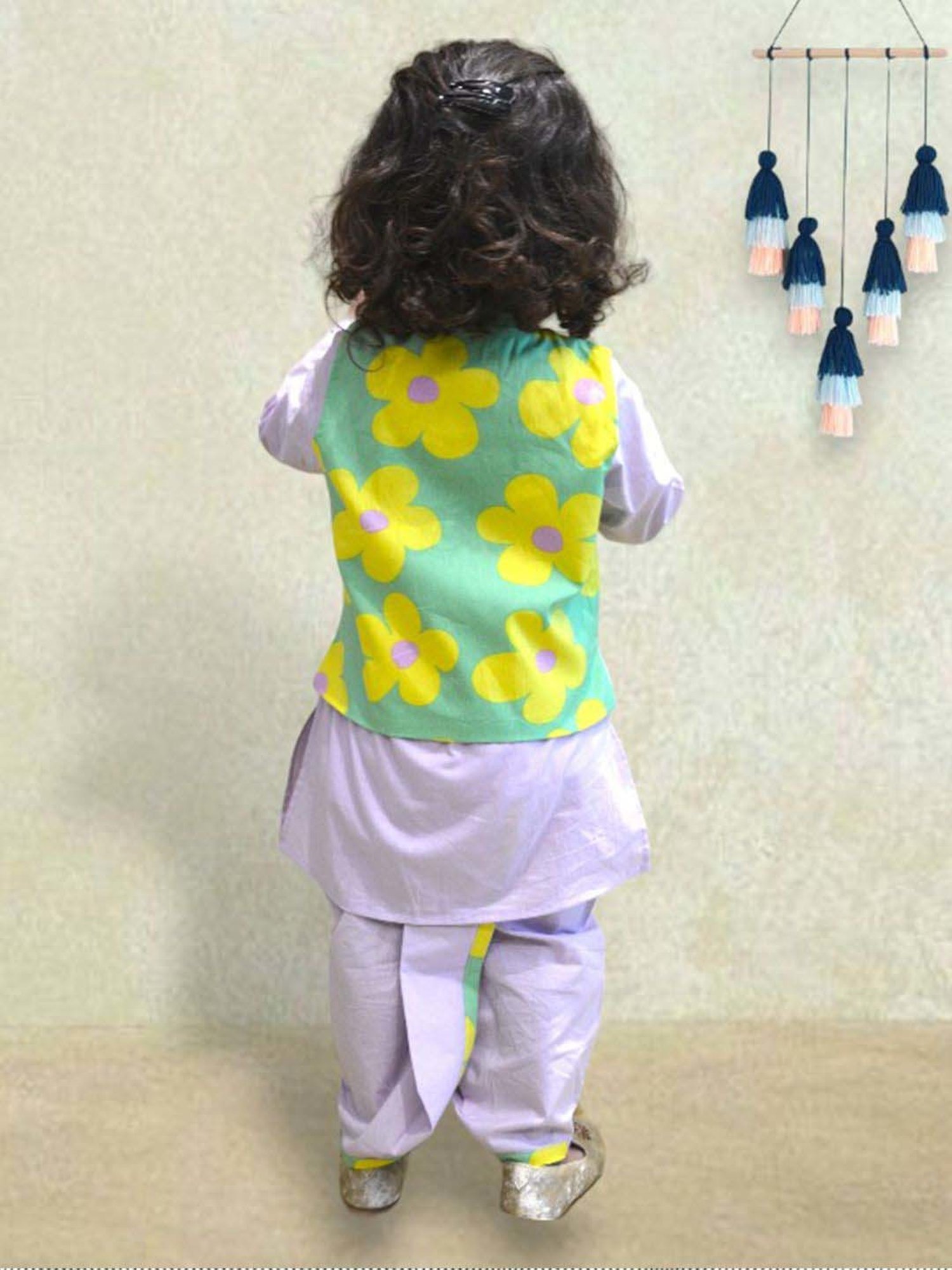 A.T.U.N. Boys Lavender & Green Cotton Printed Full Sleeves Kurta Set