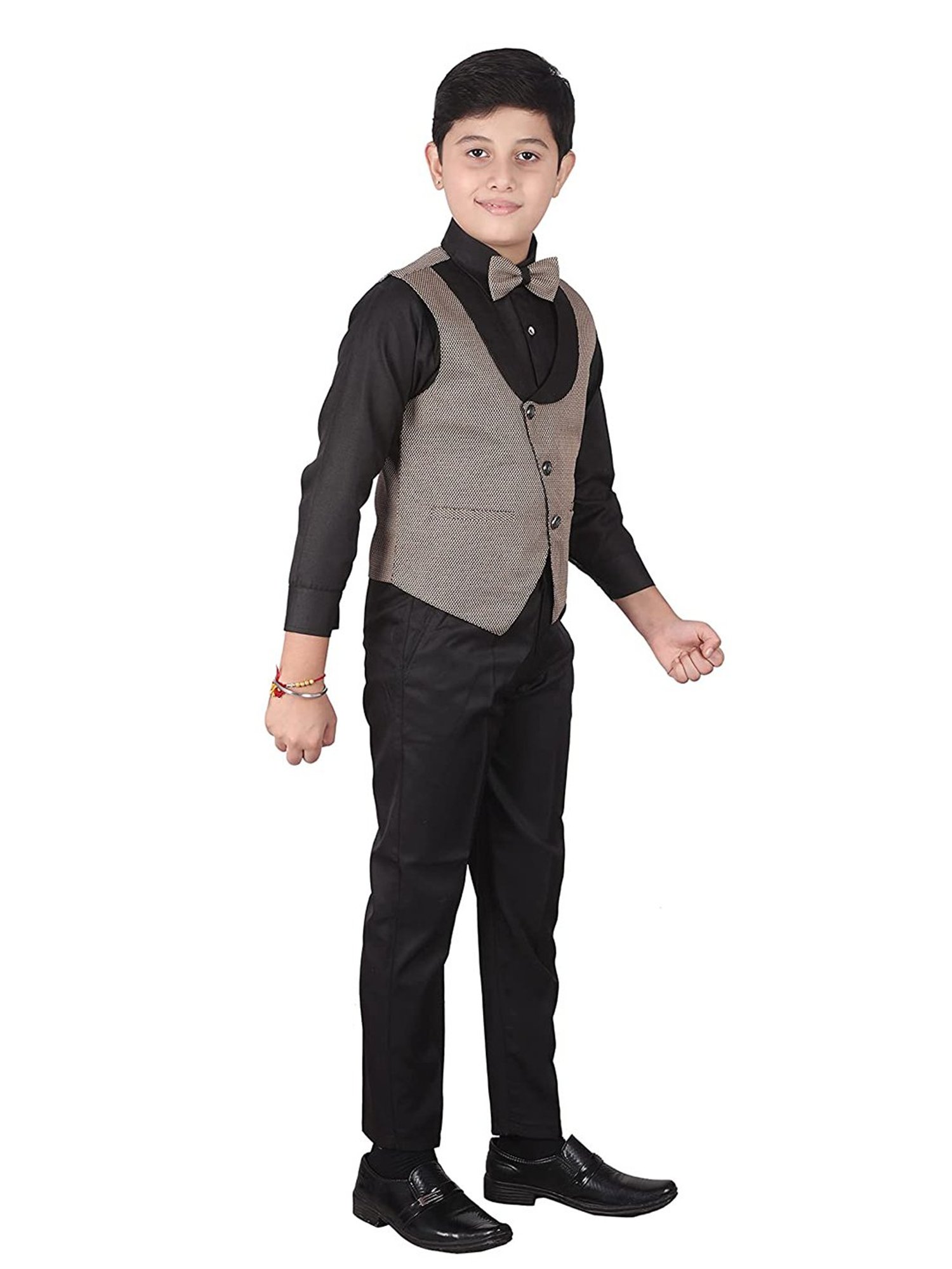Pro-Ethic Style Developer Kids Beige & Black Printed Full Sleeves Shirt, Waistcoat, Pants with Bow
