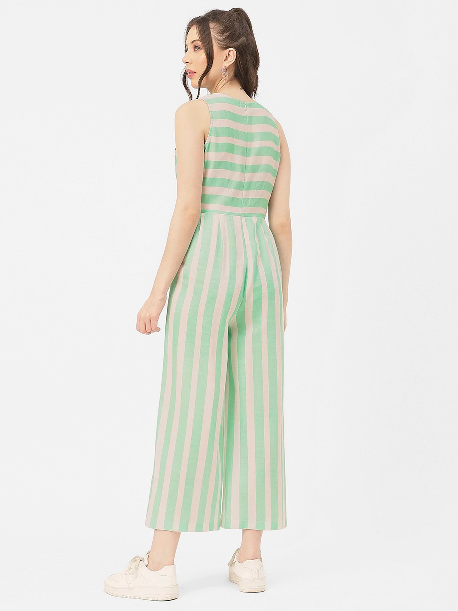 Moomaya Mint & Off White Cotton Blend Striped Jumpsuit