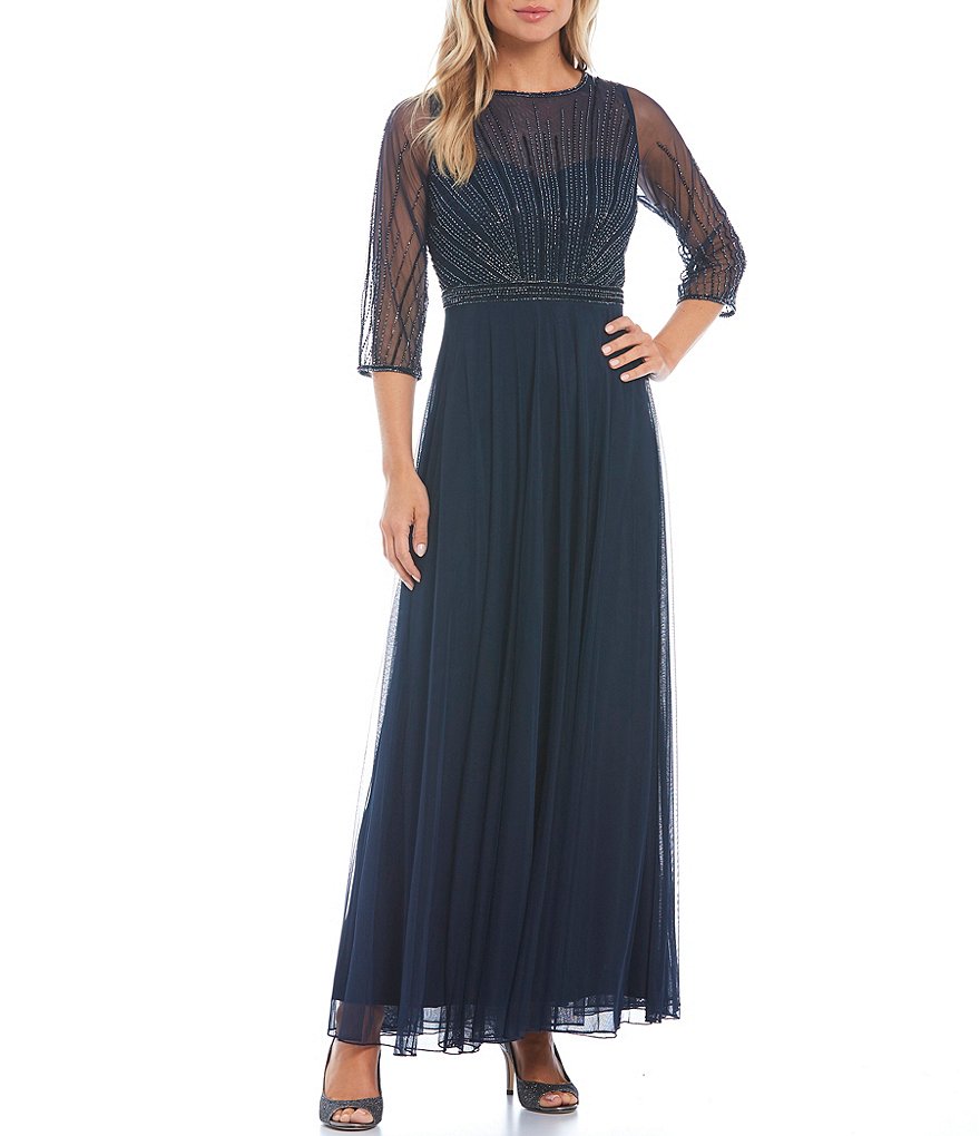 Jkara Petite Size 3/4 Sleeve Lined Illusion Crew Neck Beaded Gown