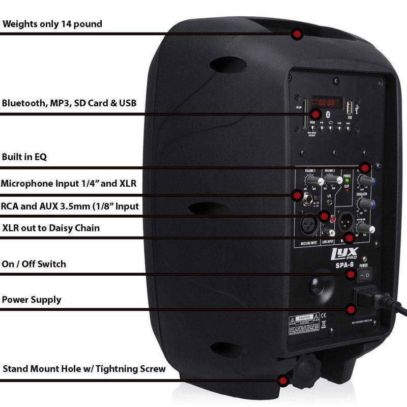 Small PA System, 100w RMS Power Active Speaker, Bluetooth SD USB MP3 AUX Input