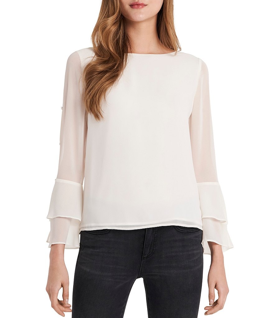 Ali Miles Petite Size Long Roll-Tab Sleeve Round V-Neck Pucker Knit Asymmetrical Tunic