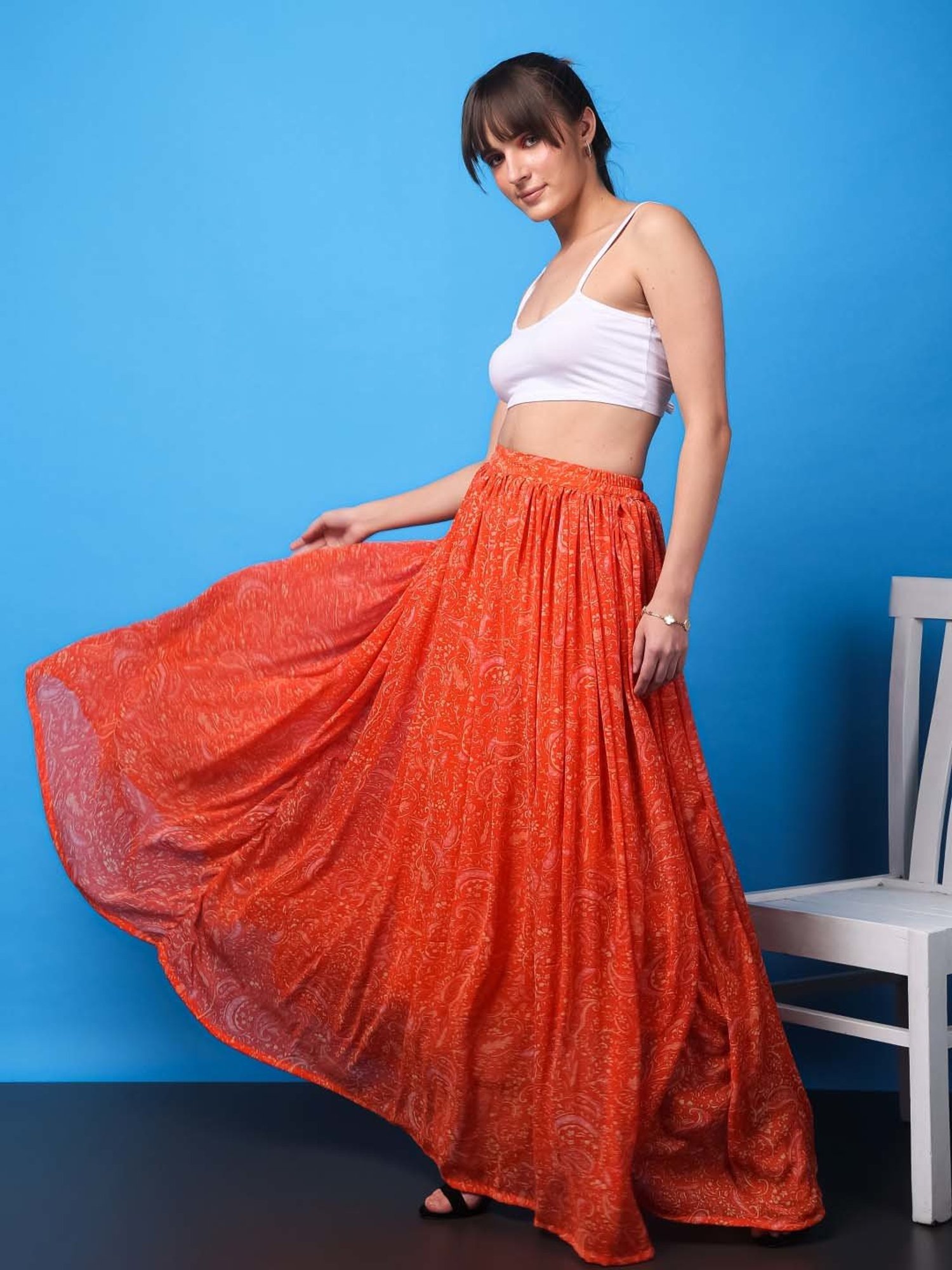 Belle Fille Sky Blue & Beige Printed Skirt