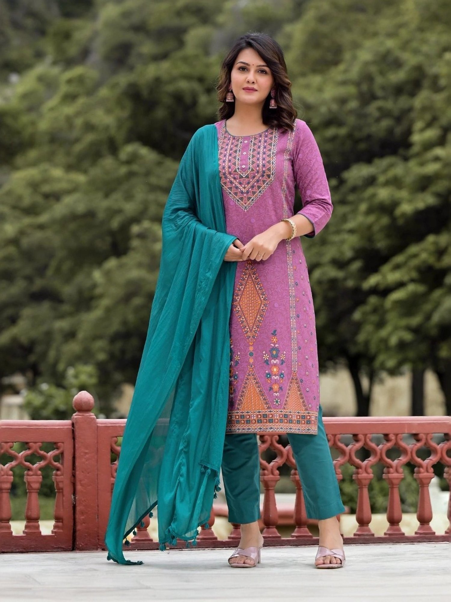 Juniper Purple Printed Kurta Pant Set With Dupatta