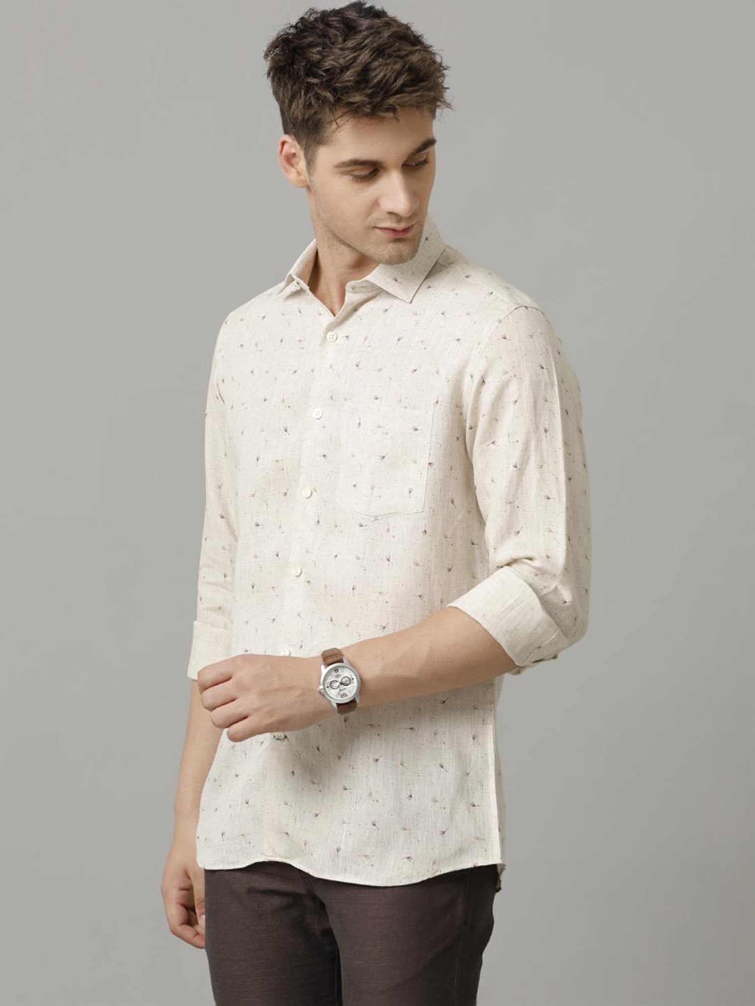 Linen Club Brown Linen Contemporary Fit Printed Shirt