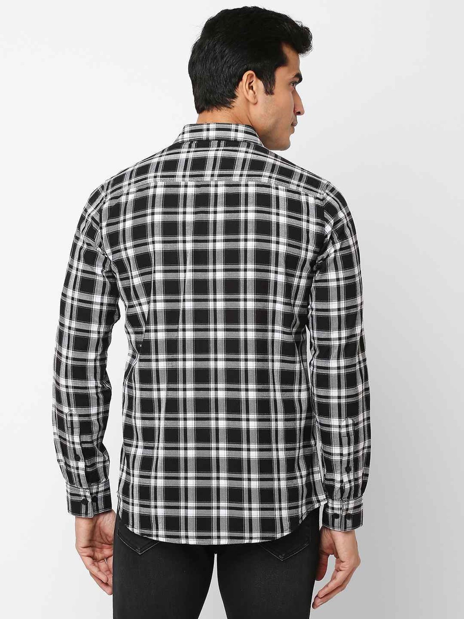 SOLEMIO Black & White Cotton Slim Fit Checks Shirt
