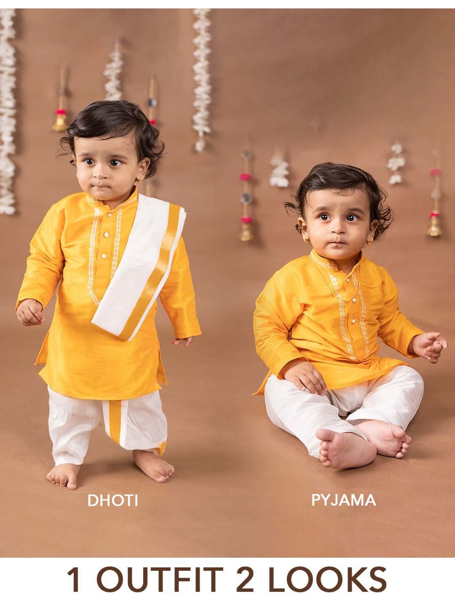 Baby Moo Kids Yellow & White Regular Fit Full Sleeves Kurta Set