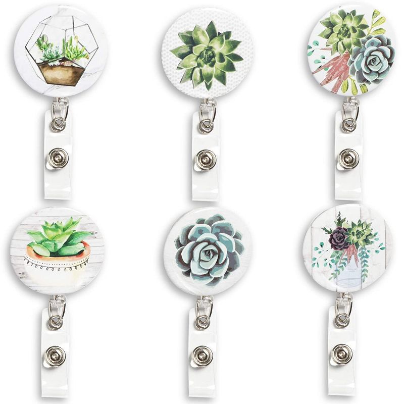 6-Count Retractable Badge Holders with Carabiner Reel Clip for ID/ Name Tag/ Key Card, Green Succulent