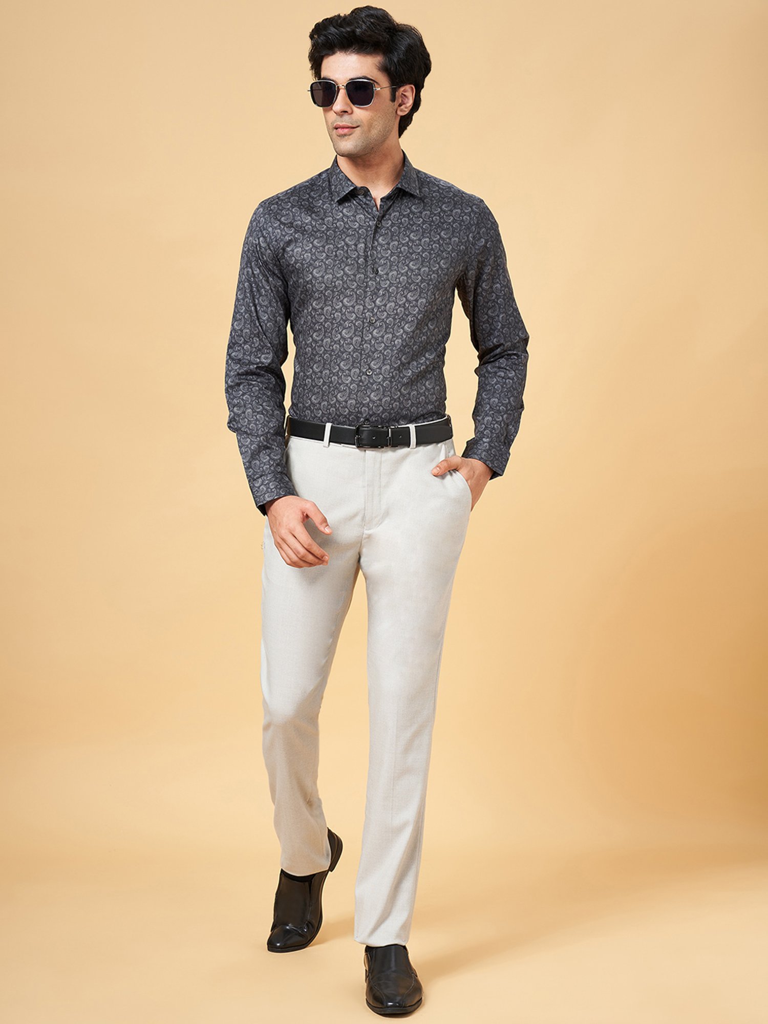 Peregrine by Pantaloons Charcoal Slim Fit Printed Shirt