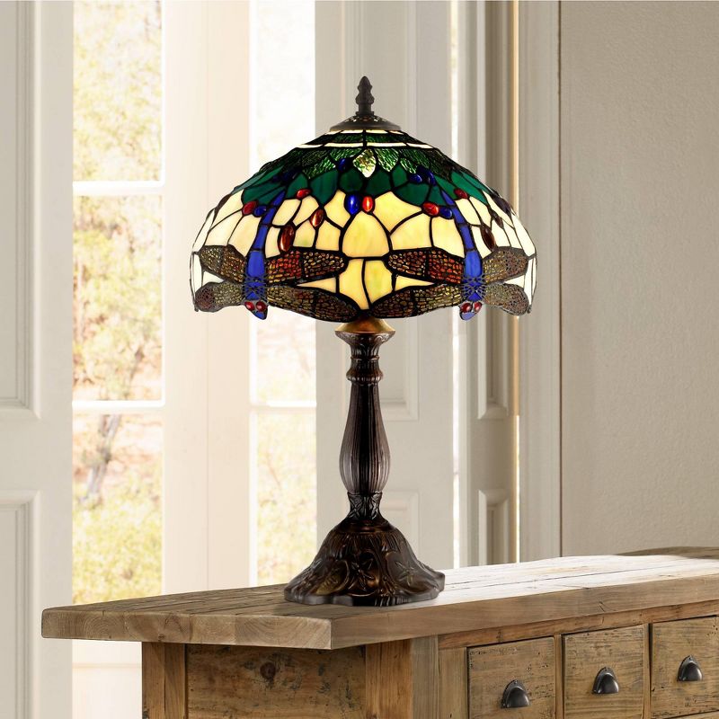 Robert Louis Tiffany Traditional Accent Table Lamp 18" High Dark Brown Dragonfly Art Glass Shade for Bedroom Bedside Office