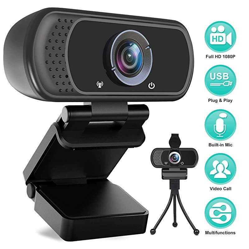 HD Webcam 1080P with Microphone PC Laptop Desktop USB Webcams 110Degree Widescreen Web Camera with Rotatable Clip Black A1