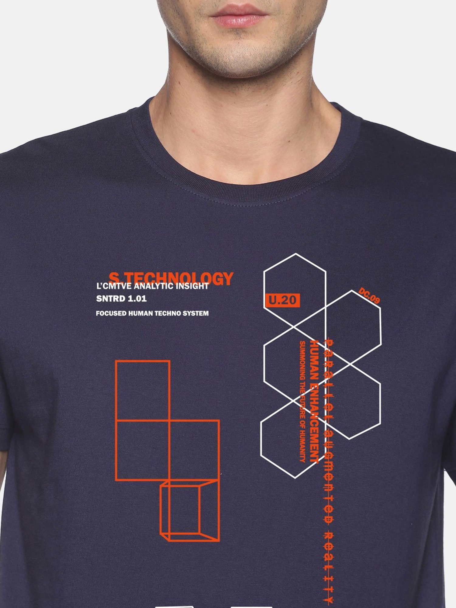 BLACK RADIO Navy Slim Fit Printed Cotton Crew T-Shirt