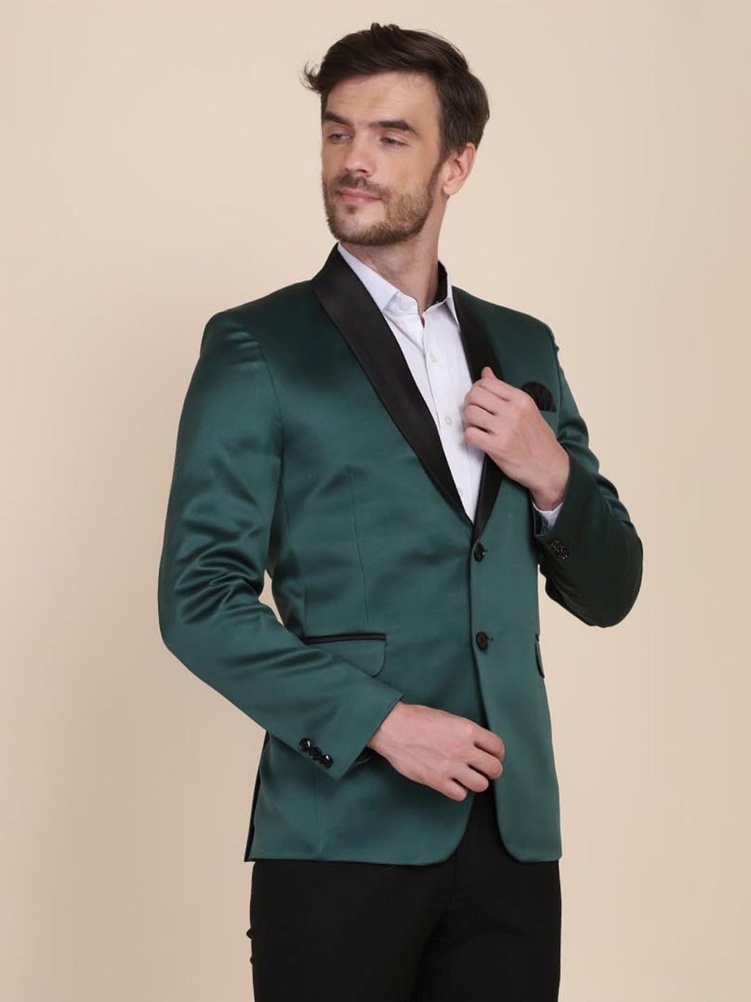 TAHVO Green & Black Cotton Slim Fit Blazer