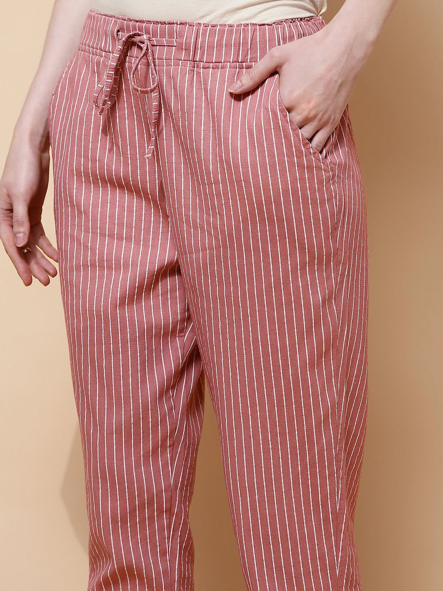 Global Republic Onion Pink Striped Regular Fit High Rise Pants