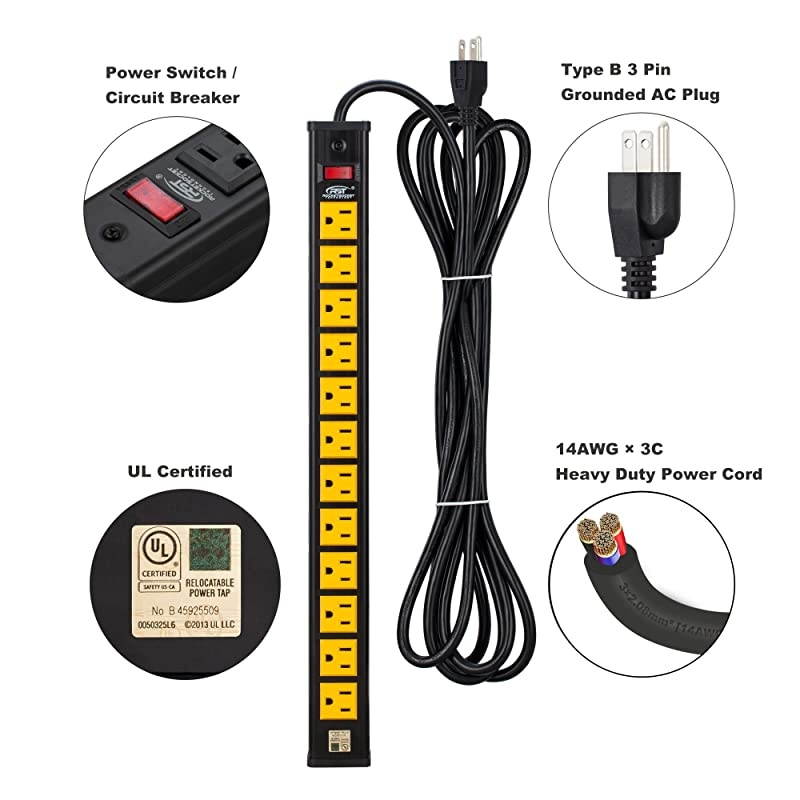 12-Outlet Heavy-Duty Power Strip with 15 Amps, 15-Foot Power Cord for Kitchen, Office, School (UL Listed)