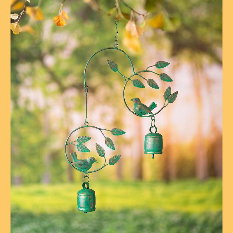 Wind & Weather Metal Birds and Bells Wind Chime with Green Over Gold Patina-Like Finish