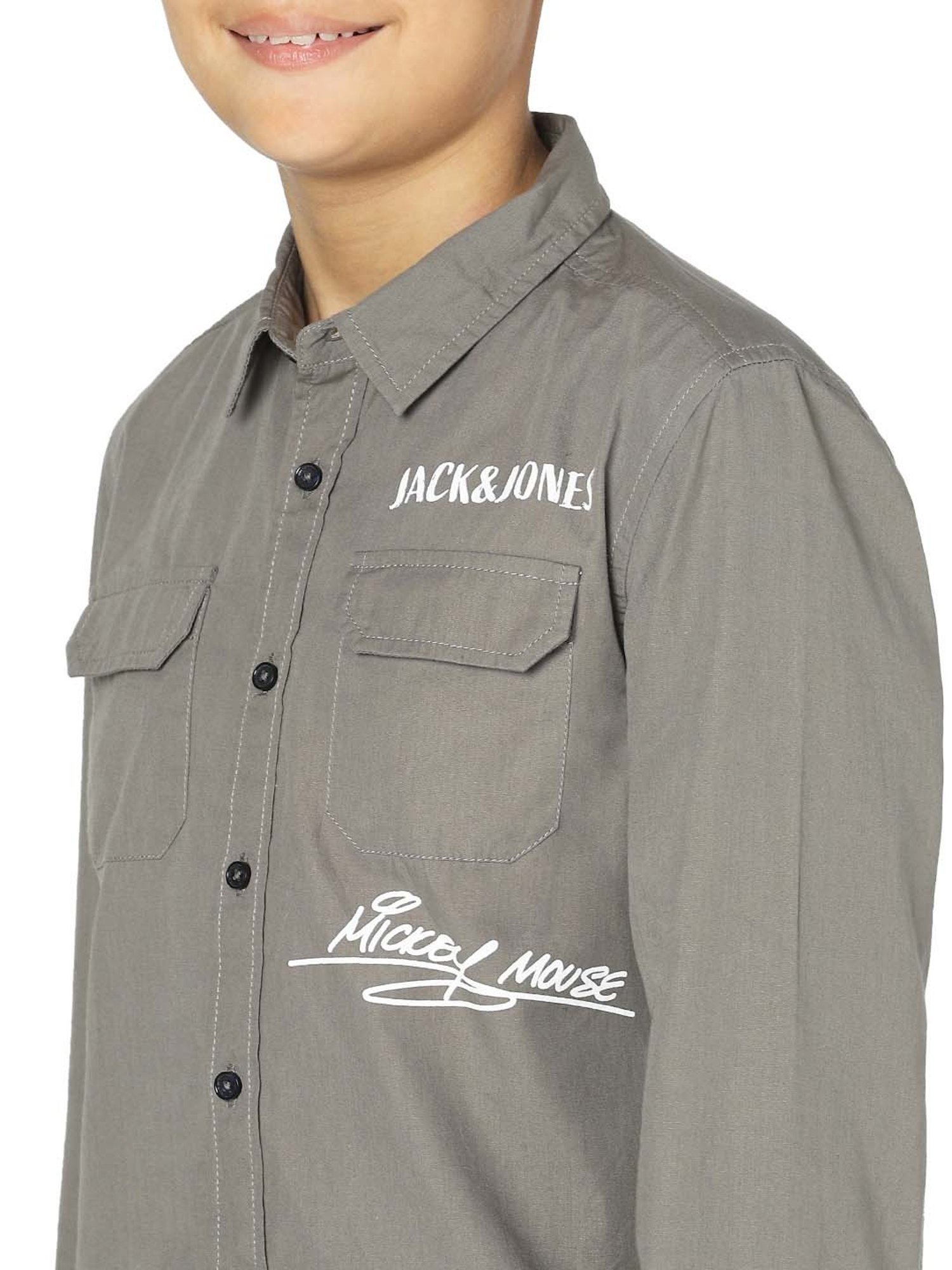 Jack & Jones Junior Charcoal Grey Cotton Printed Full Sleeves Shirt