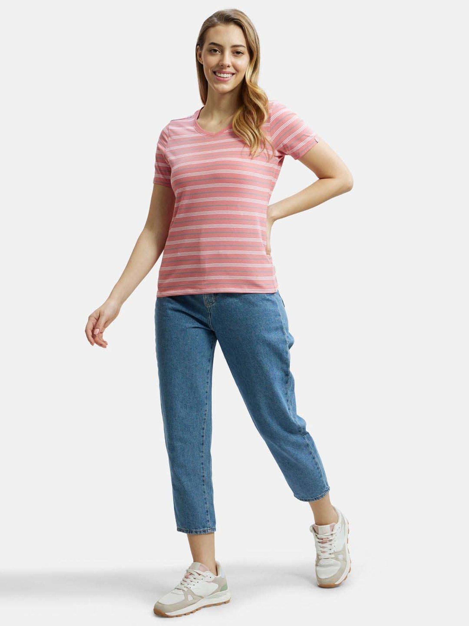 Jockey AW22 Women's Super Combed Cotton Elastane Regular Fit Striped V Neck Half Sleeve T-Shirt
