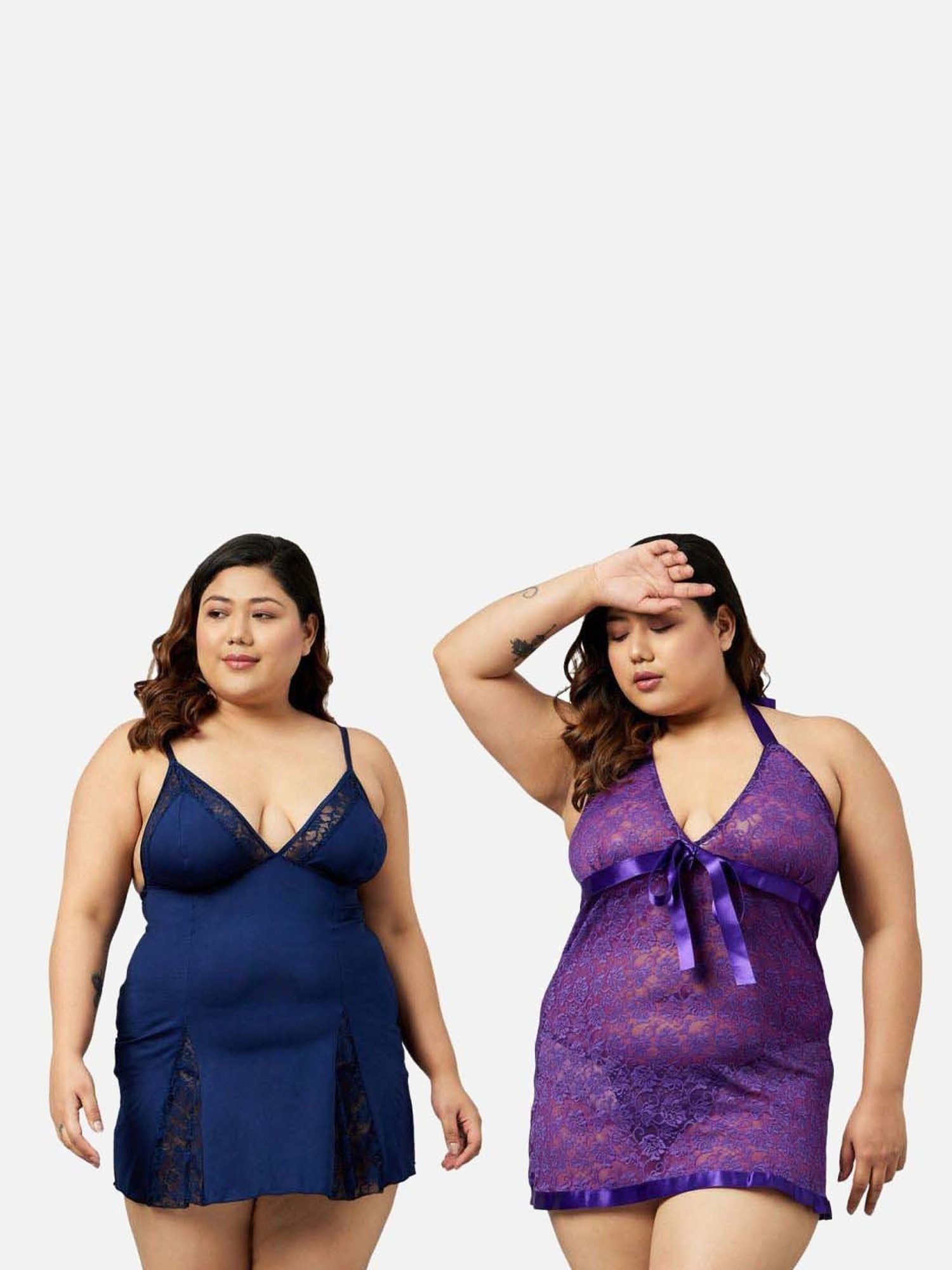 Secrets By ZeroKaata Purple & Navy Lace Work Babydoll with Panty - Pack Of 2