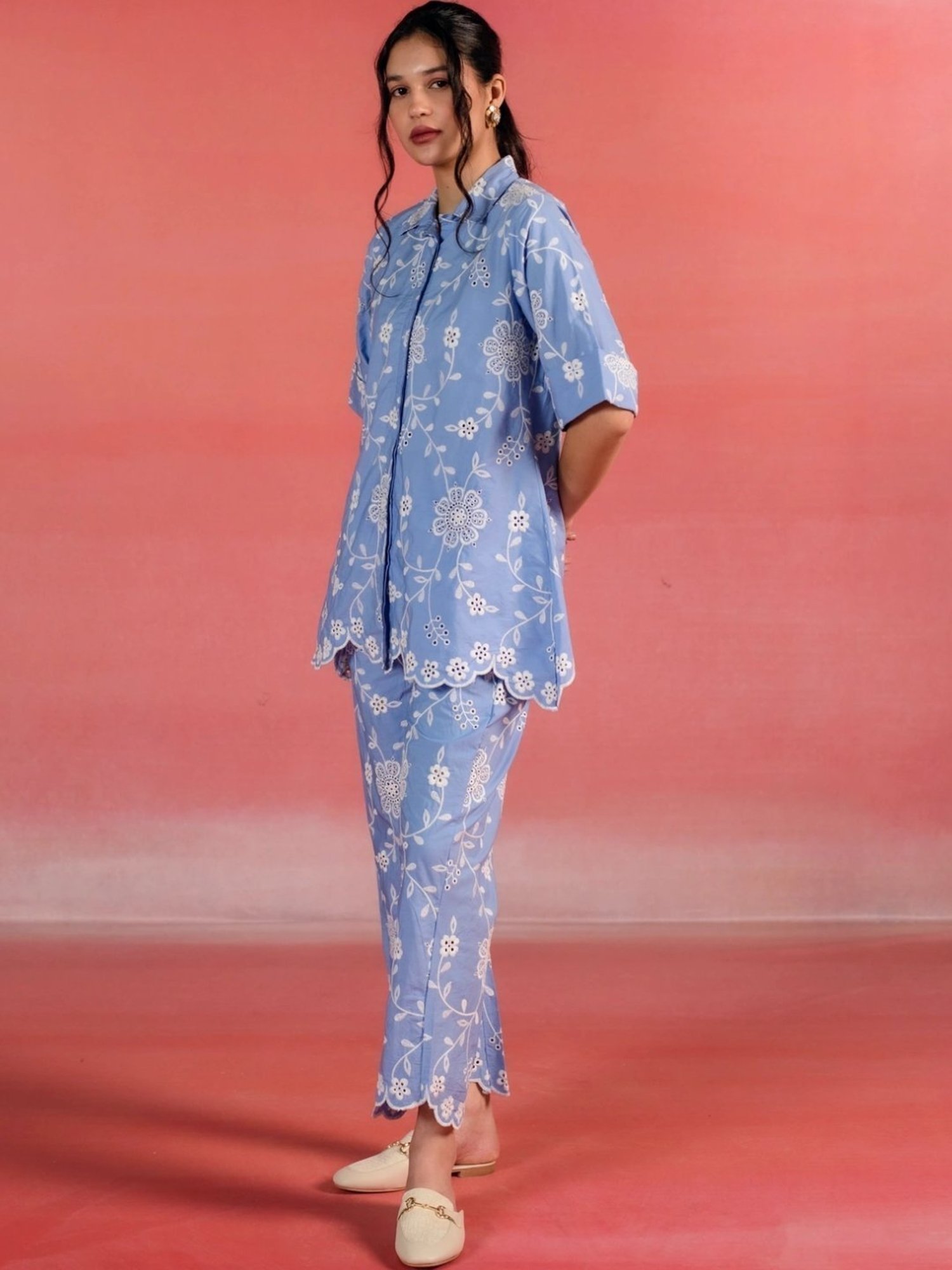 Kameez by Pooja Blue Floral Embroidered Poplin Shirt with Pant Co-ord Set