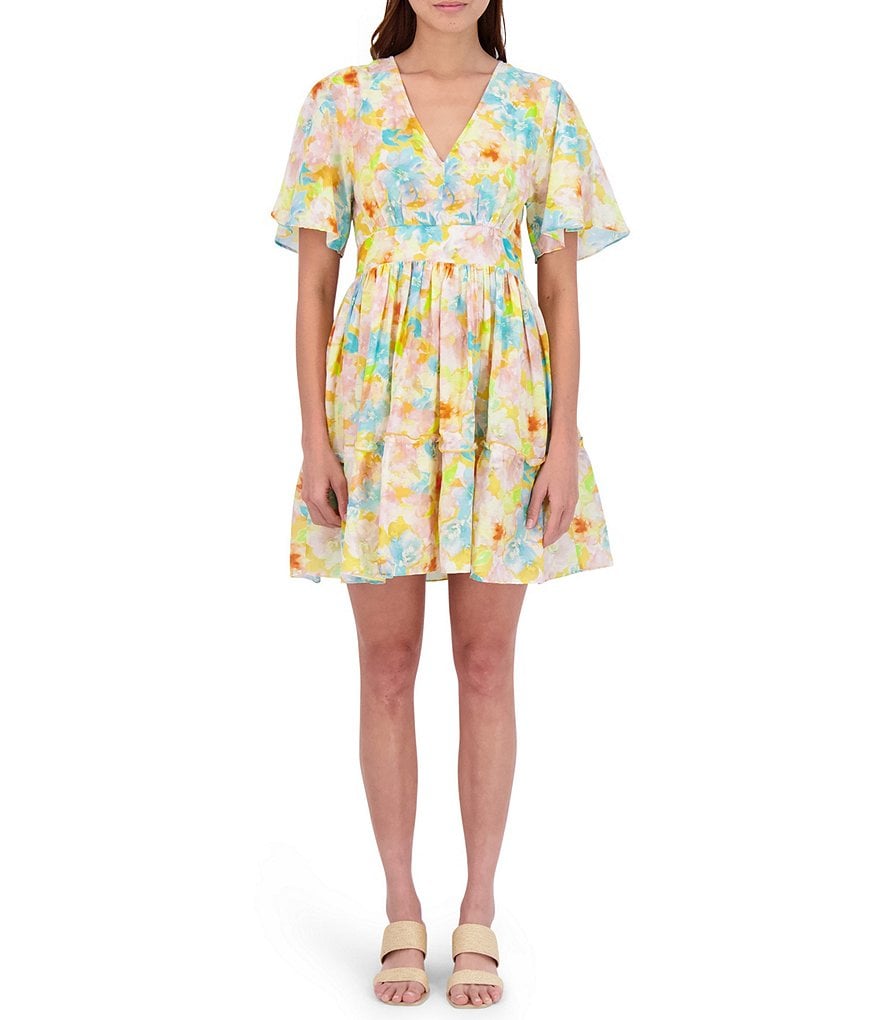 Roller Rabbit Sandria Cecilia V-Neck Flounce Short Sleeve Watercolor Pattern Print Dress