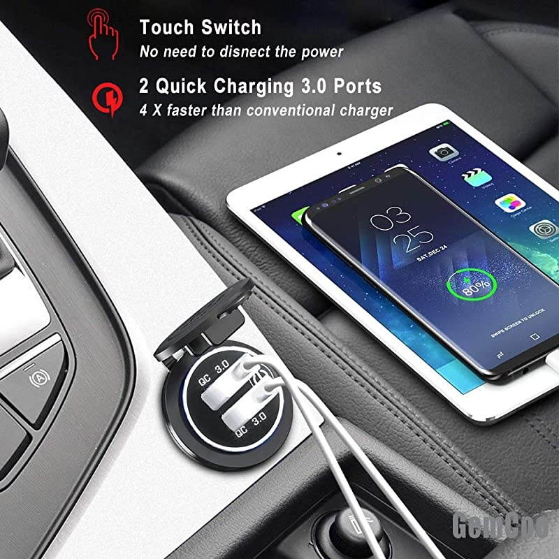 Charge 30 USB Car Charger Socket 12V24V 36W Dual QC30 USB Fast Charger Socket Power Outlet with LED Voltmeter for Marine Boat Motorcycle Truck Golf Cart Red White