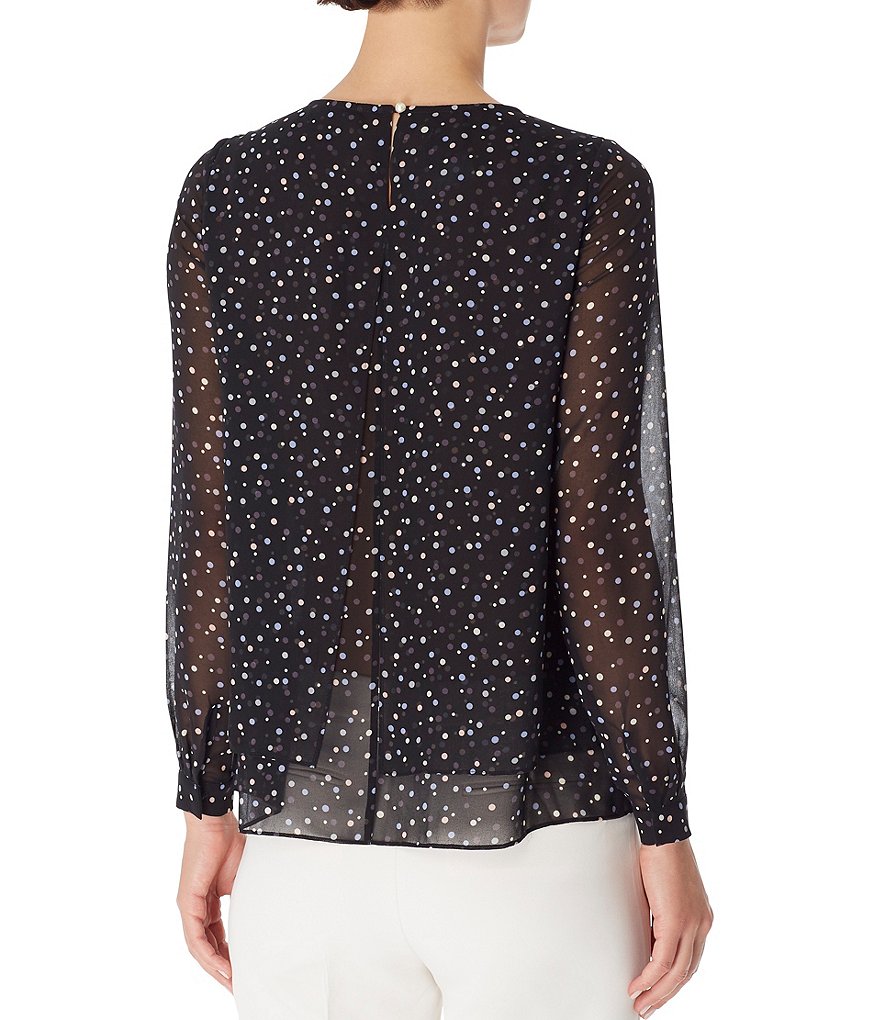 Anne Klein Double Layer Round Neck Long Sleeve Print Chiffon Blouse