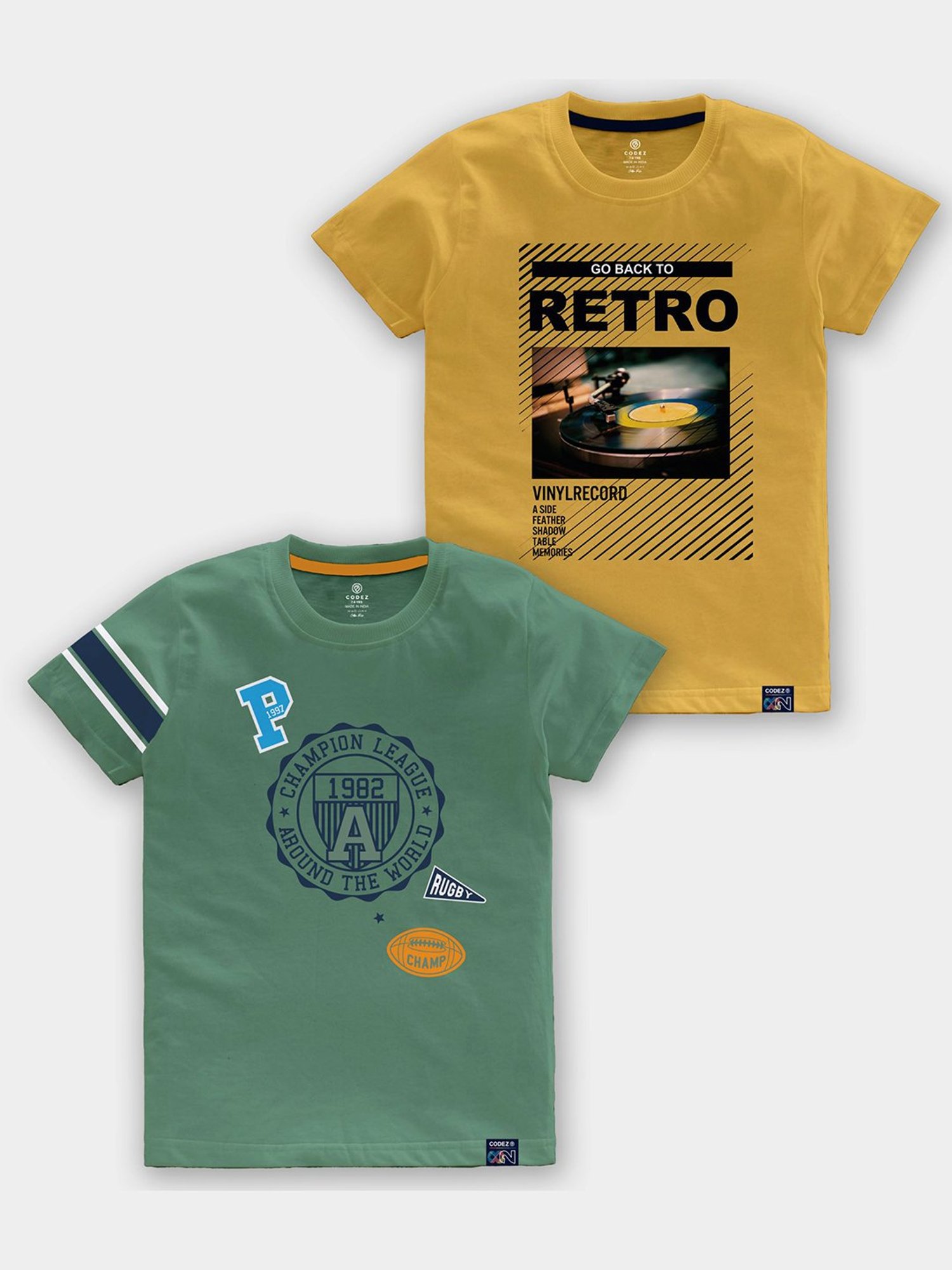 Codez Kids Olive & Yellow Printed T-Shirt (Pack Of 2)
