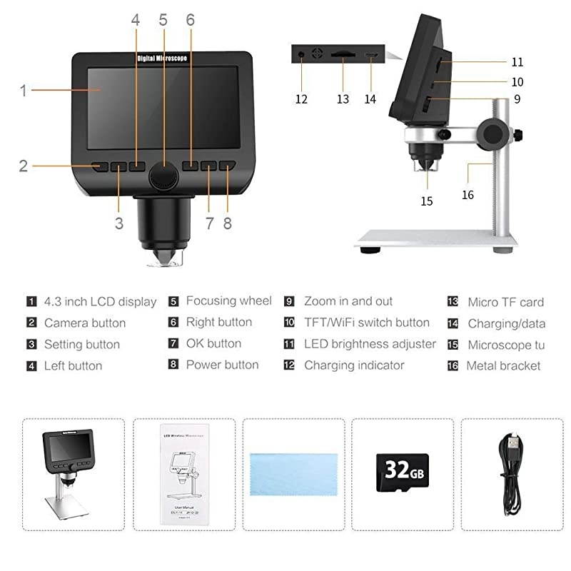 LCD Digital Microscope  43 Inch 1080P 2 Megapixels 1000X Magnification Zoom Wireless USB Stereo Microscope Camera Compatible with iPhone Android iPad MAC Windows with 32GB TF Card