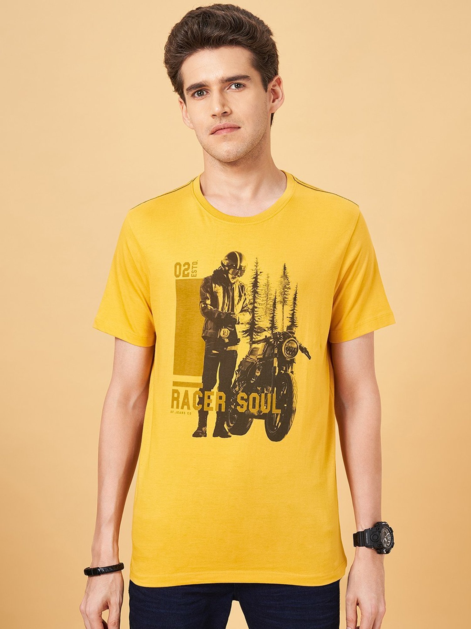 Sf Jeans By Pantaloons Mustard Slim Fit Printed T-Shirt