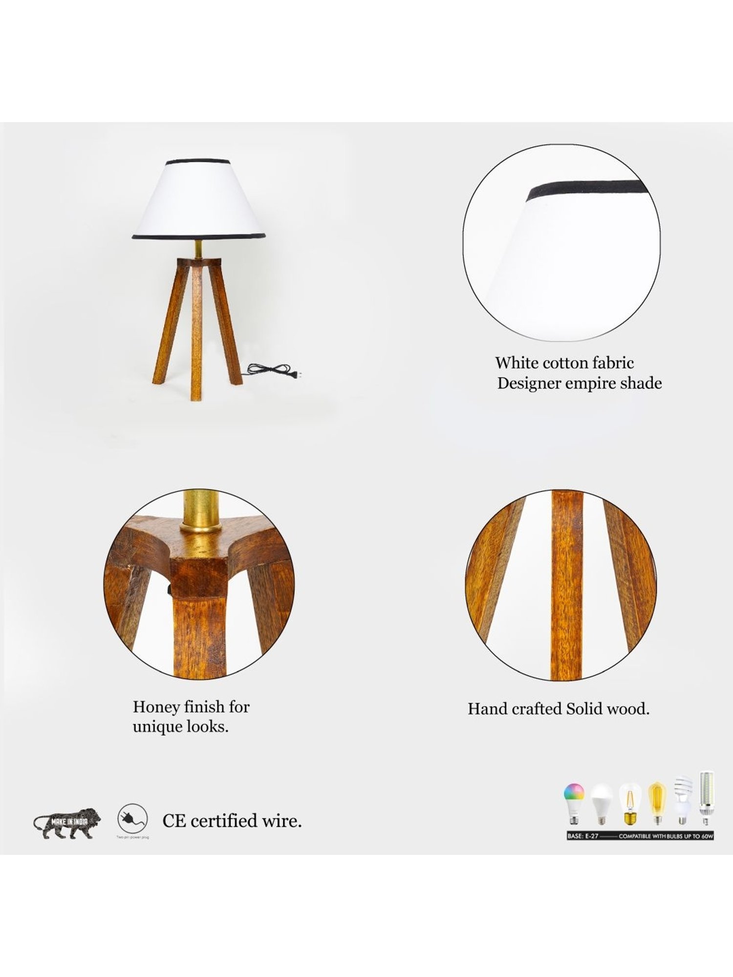 Kapoor Lamp Shades Honey & White Wood Griffith Tripod Cotton Shade Table Lamp