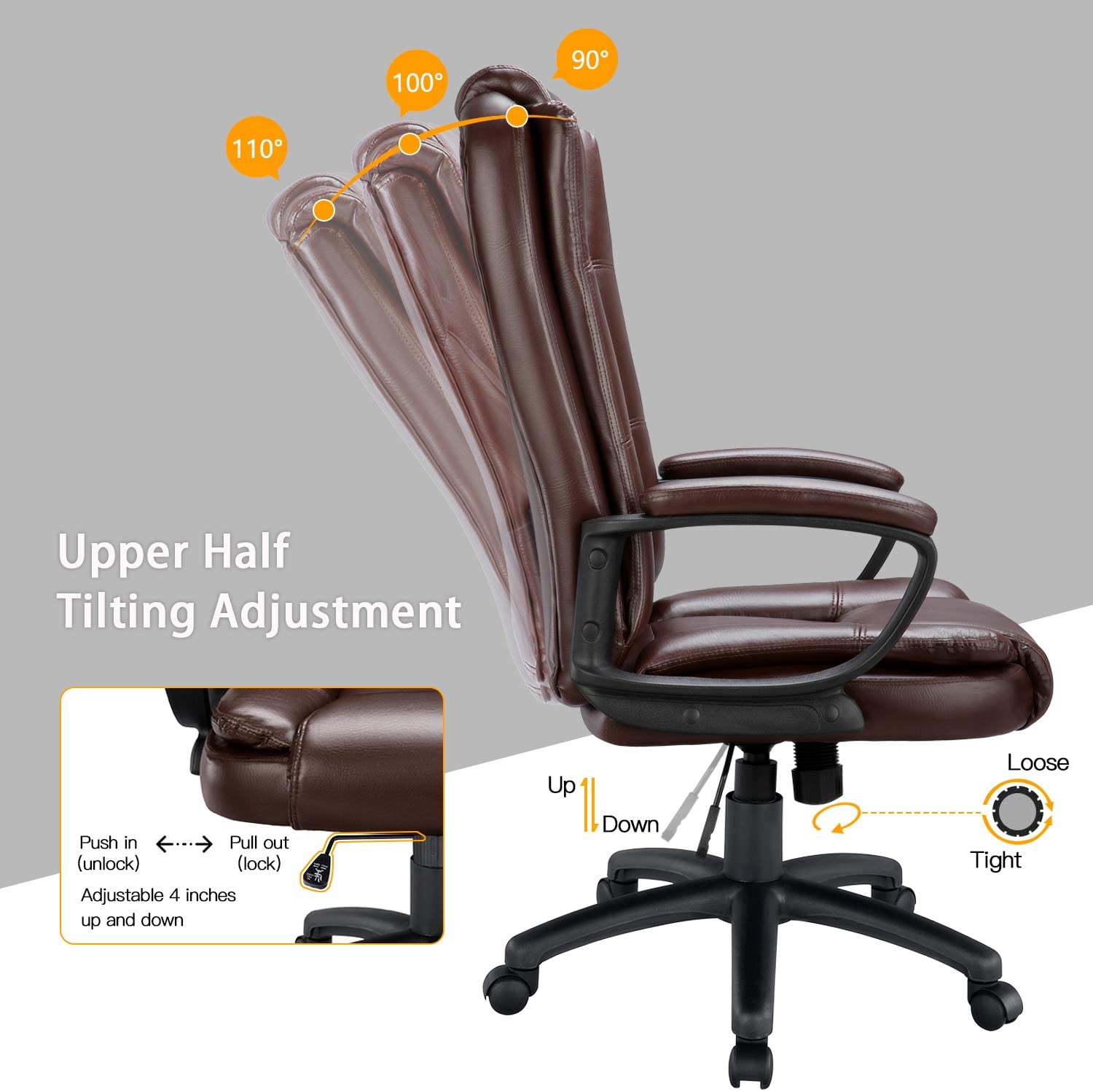 BOSSIN Home Office Chair, Ergonomic Desk Chair, Adjustable Task Chair for Lumbar Back Support, Computer Chair with Rolling Swivel and Armrest, Modern Executive High Back Leather Chairs. (Black)