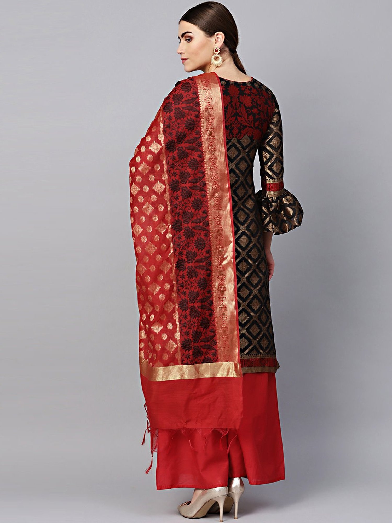 Chhabra 555 Black & Red Woven Pattern Unstitched Dress Material With Dupatta