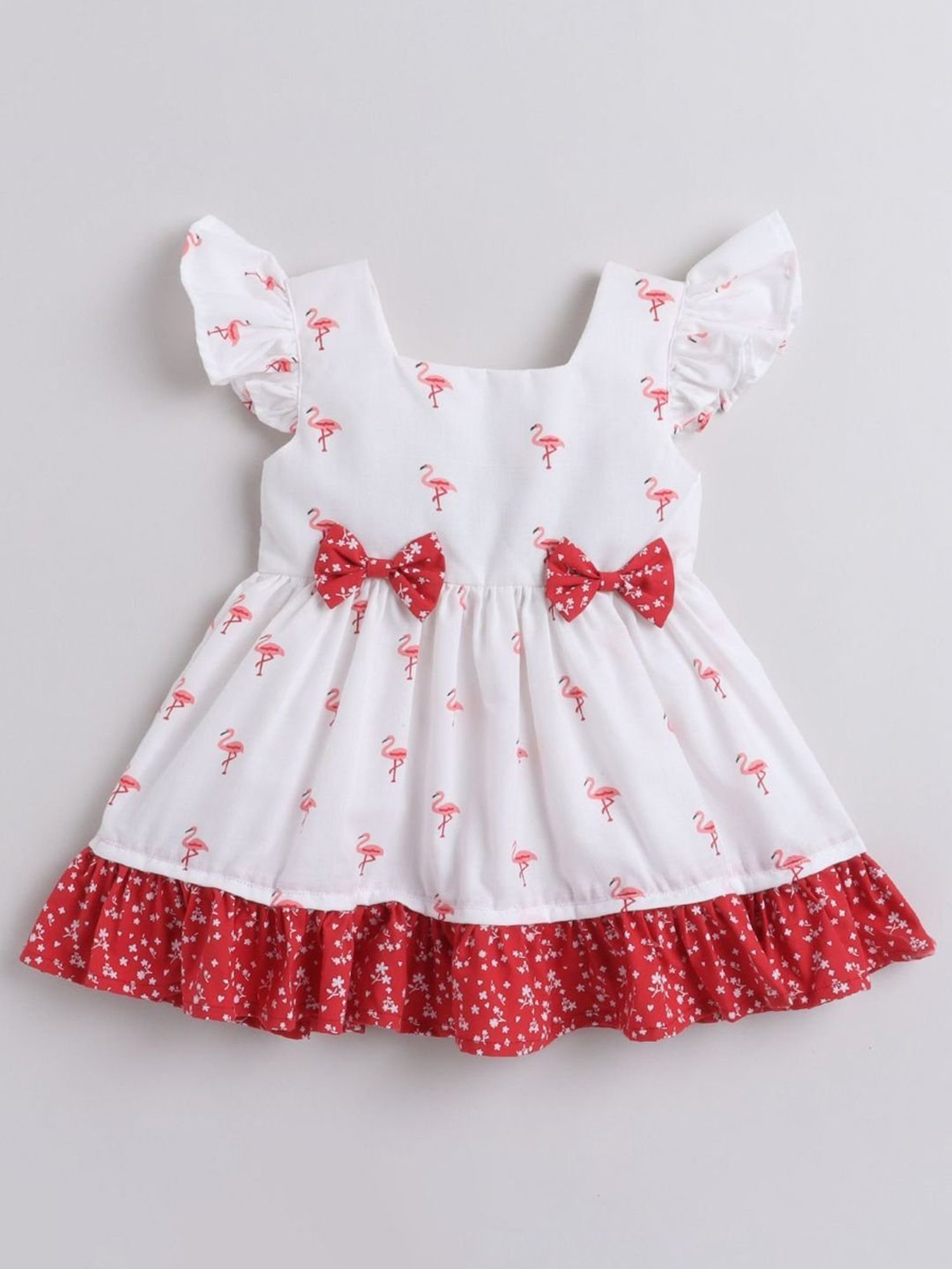 Many Frocks Kids White & Red Cotton Flamingo Print Dress