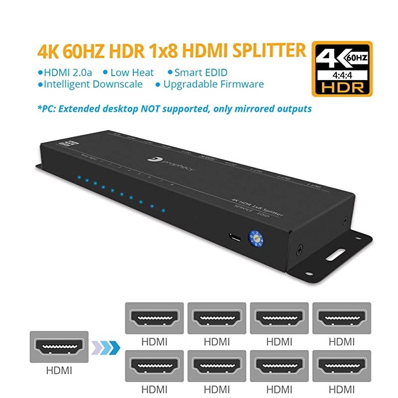 Prophecy Intelligent 1x8 HDMI Splitter 4K 60Hz HDR &ndash; 4K @60Hz 4:4:4, 18Gbps, Auto Scaling, HDMI 2.0a, HDCP 2.2, 3D, EDID, Cascadable, Firmware Upgradeable, 8 Port, 1 in 8 Out (PRO-HDRSplit8P)