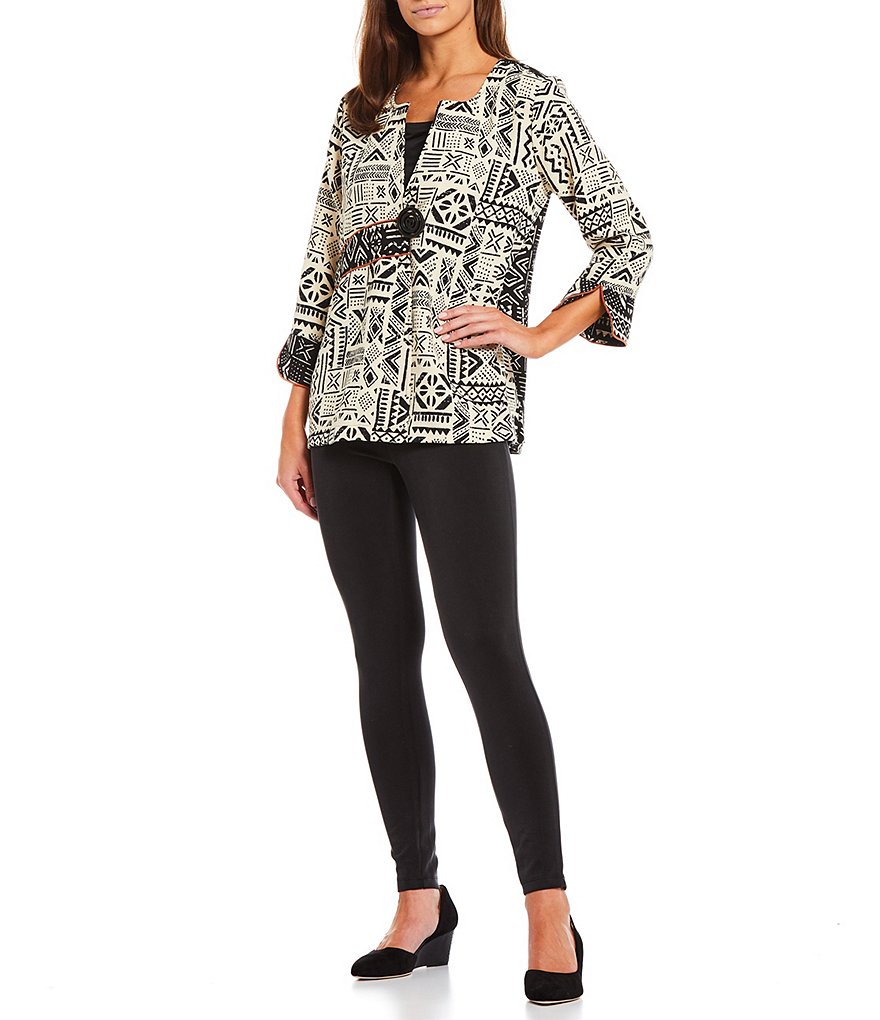 Multiples Petite Size Patchwork Split Round Neck 3/4 Sleeve Contrast Stitching Trim One Button Swing Jacket