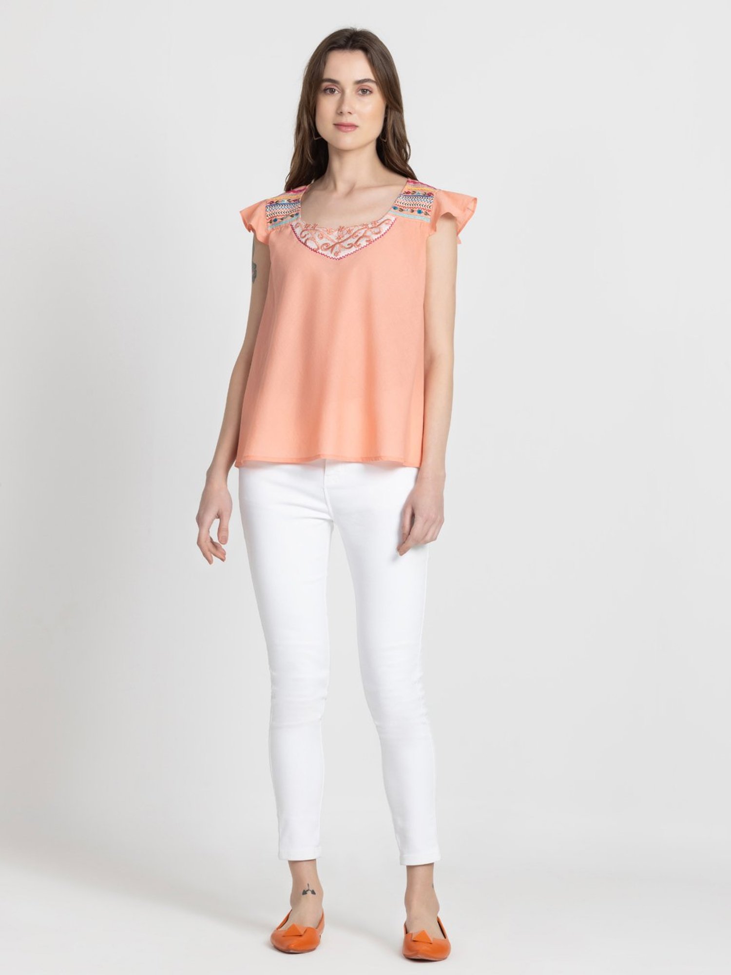 SHAYE Coral Cotton Embroidered Top