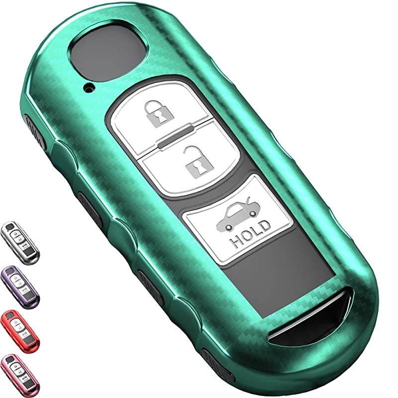 Tpu Key Fob Case Cover Glossy with Carbon Fiber Pattern Fits for CX5 CX3 CX4 MX5 CX7 CX9 Mazda 2 3 5 6 8 Push Button Start Keyless Smart Key Green